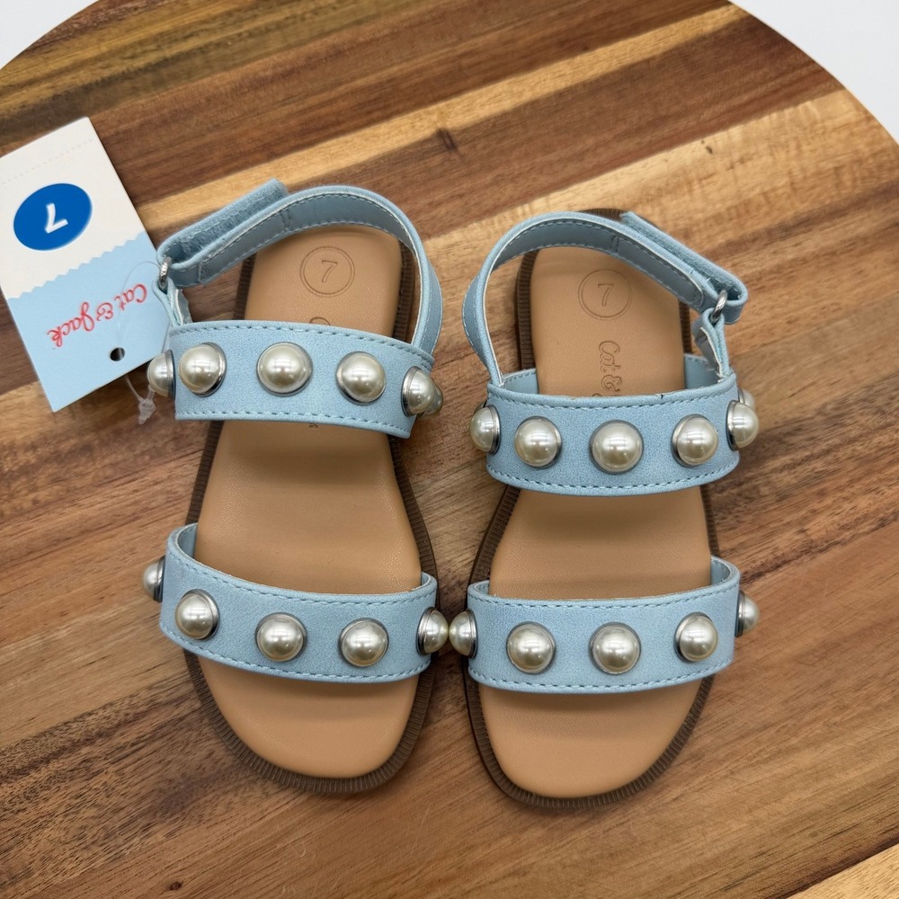 Cat & Jack Toddler Size 7 Selene Blue Pearl Studded Strappy Sandals 2575